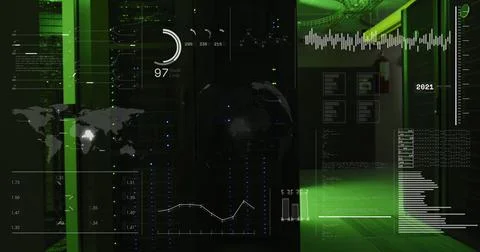 Image of hud screens with programming language, globe, map, graphs and data 库存照片