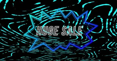 Image of huge sale text in angular shaped speech bubble over blue lights on Stockfoto's