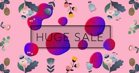 Image of huge sale text in frame over glowing blobs and flowers on pink Ilustração Stock