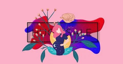 Image of huge sale text in frame over glowing blobs and flowers on pink Ilustração Stock
