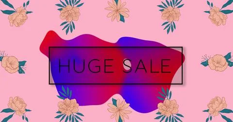 Image of huge sale text in frame over glowing blobs and flowers on pink Ilustração Stock
