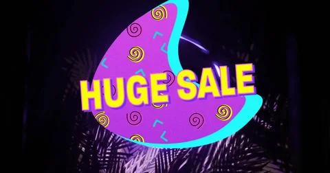 Image of huge sale text over colourful shapes and leaves on black background イラスト素材