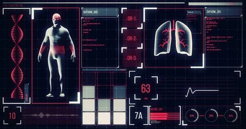 Image of the human body analyzed on a screen, lungs and heart beat analyzed, Illustrazione stock