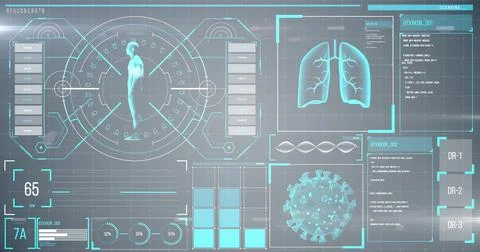 Image of the human body analyzed on a screen, lungs and heart beat analyzed, Illustrazione stock
