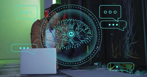 Image of human brain ai data processing over african american man using lapt Foto stock
