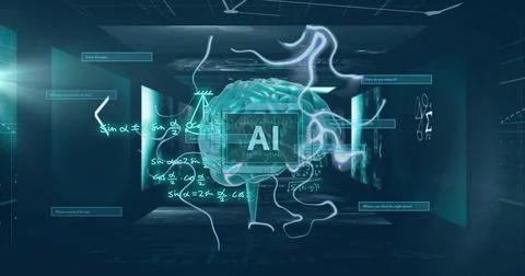 Image of human brain, ai text and mathematical data processing Ilustração Stock
