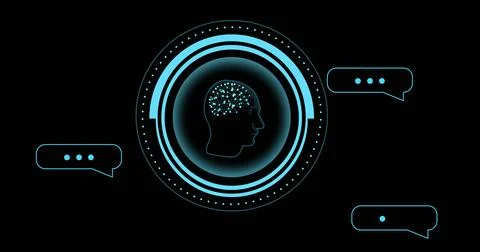 Image of human brain and ai data processing over black background Foto stock