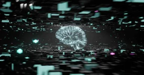 Image of human brain and ai data processing over black background 스톡 사진