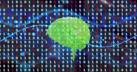 Image of human brain and binary coding data processing Stock Photos