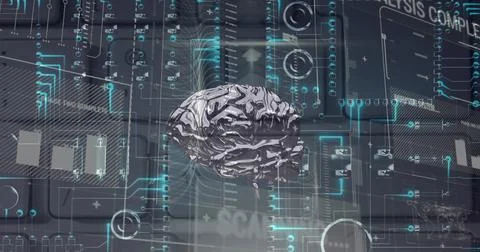 Image of human brain and data processing over black background Stock Illustration