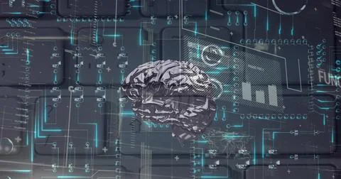 Image of human brain and data processing over black background Stock Illustration
