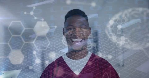 Image of human brain and data processing over african american male doctor in Ilustração Stock