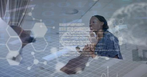 Image of human brain and data over african american female doctor and patient Illustrazione stock