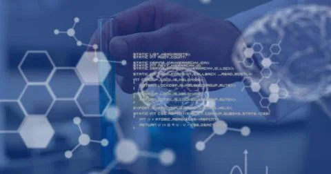 Image of human brain and data processing over scientist in laboratory Stock Illustration