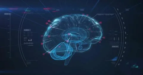 Image of human brain and data processing over dark background Illustrazione stock