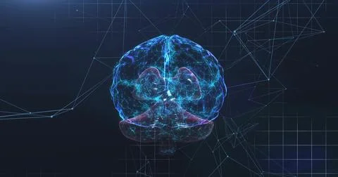 Image of human brain and data processing over black background Illustrazione stock