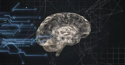 Image of human brain and data processing over dark background Stock Photos