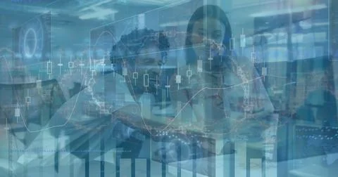 Image of human brain and data processing over diverse man and woman discussing Stock Photos