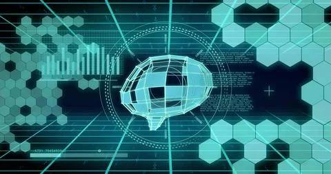 Image of human brain and digital data processing over black background Stock Illustration