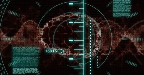 Image of human brain and digital data processing over black background Stockillustratie