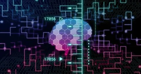 Image of human brain and digital data processing over black background Stock Illustration