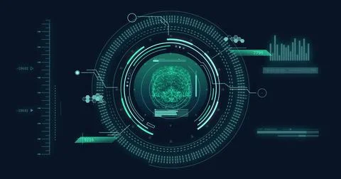 Image of human brain and digital data processing over black background Ilustração Stock