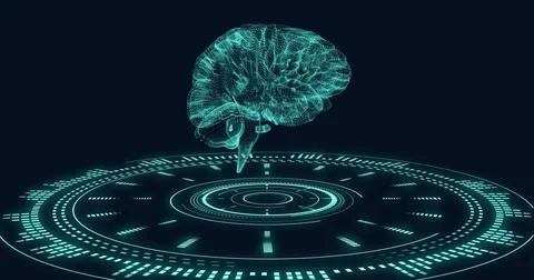 Image of human brain and digital data processing over black background Stock Illustration