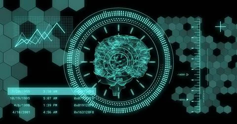 Image of human brain and digital data processing over black background Stock Illustration