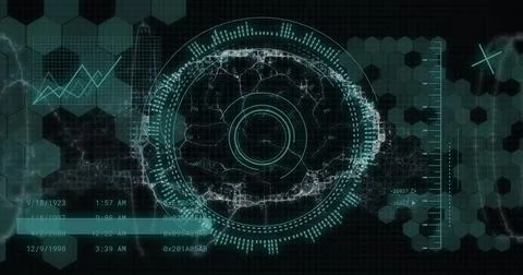 Image of human brain and digital data processing over black background Illustrazione stock