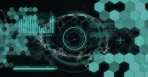 Image of human brain and digital data processing over black background Illustrazione stock