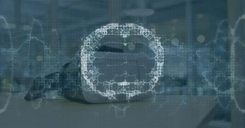 Image of human brain and dna strand over vr headset Stock Photos