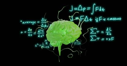 Image of human brain and mathematical data processing on black background 写真素材
