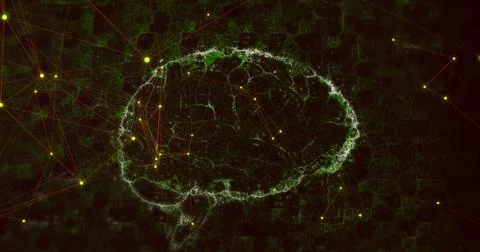 Image of human brain and network of connections over dark background Stockillustratie