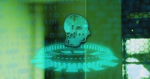 Image of human brain, binary coding data processing over computer servers Stock Illustration