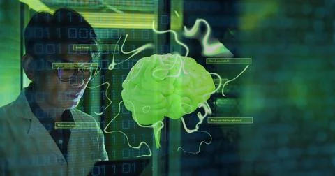 Image of human brain, binary coding over it male engineer by computer servers 写真素材