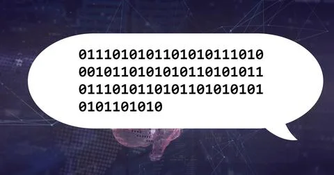 Image of human brain, binary coidng data processing over speech bubble Foto stock