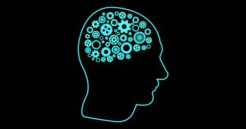 Image of human brain with cogs over black background Stock Photos