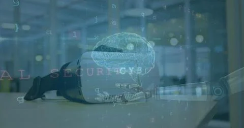 Image of human brain, cyber attack warning over robot's arm and vr headset in Stock Photos