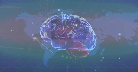 Image of human brain, data processing over world map Stock Illustration
