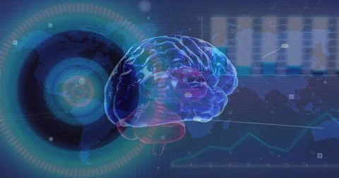Image of human brain, data processing over world map Illustrazione stock