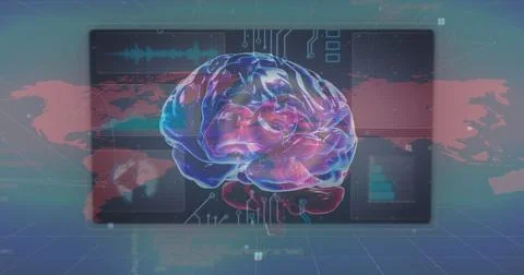 Image of human brain, data processing over world map Stock Illustration