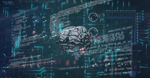 Image of human brain, data processing and circuit board Stock-Illustration