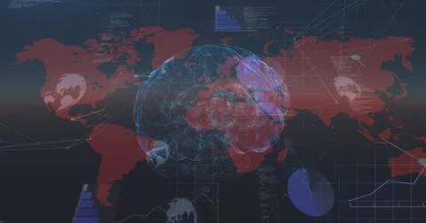Image of human brain, data processing over world map Stock-Illustration
