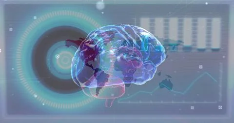 Image of human brain, data processing over world map Stock Illustration