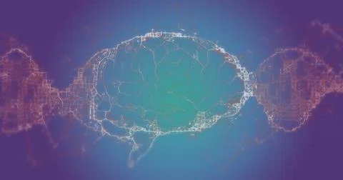 Image of human brain with dna strand on blue background Ilustração Stock