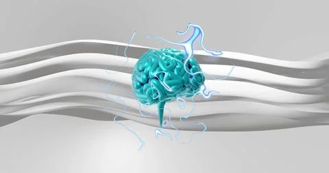 Image of human brain moving over waving layers on white background Stock Illustration
