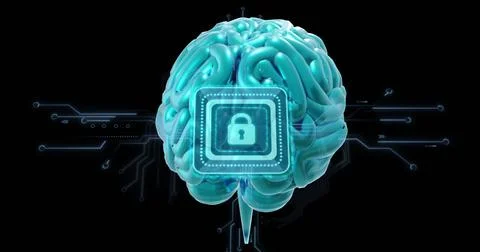 Image of human brain, padlock and data processing on black background 写真素材