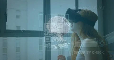Image of human brain, scope over robot's arm and woman wearing vr headset in Stock Photos