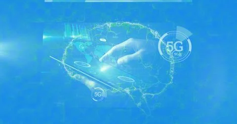 Image of human brain spinning and medical data processing on blue background Illustrazione stock