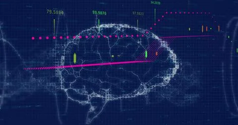 Image of human brain spinning and medical data processing Stock Illustration
